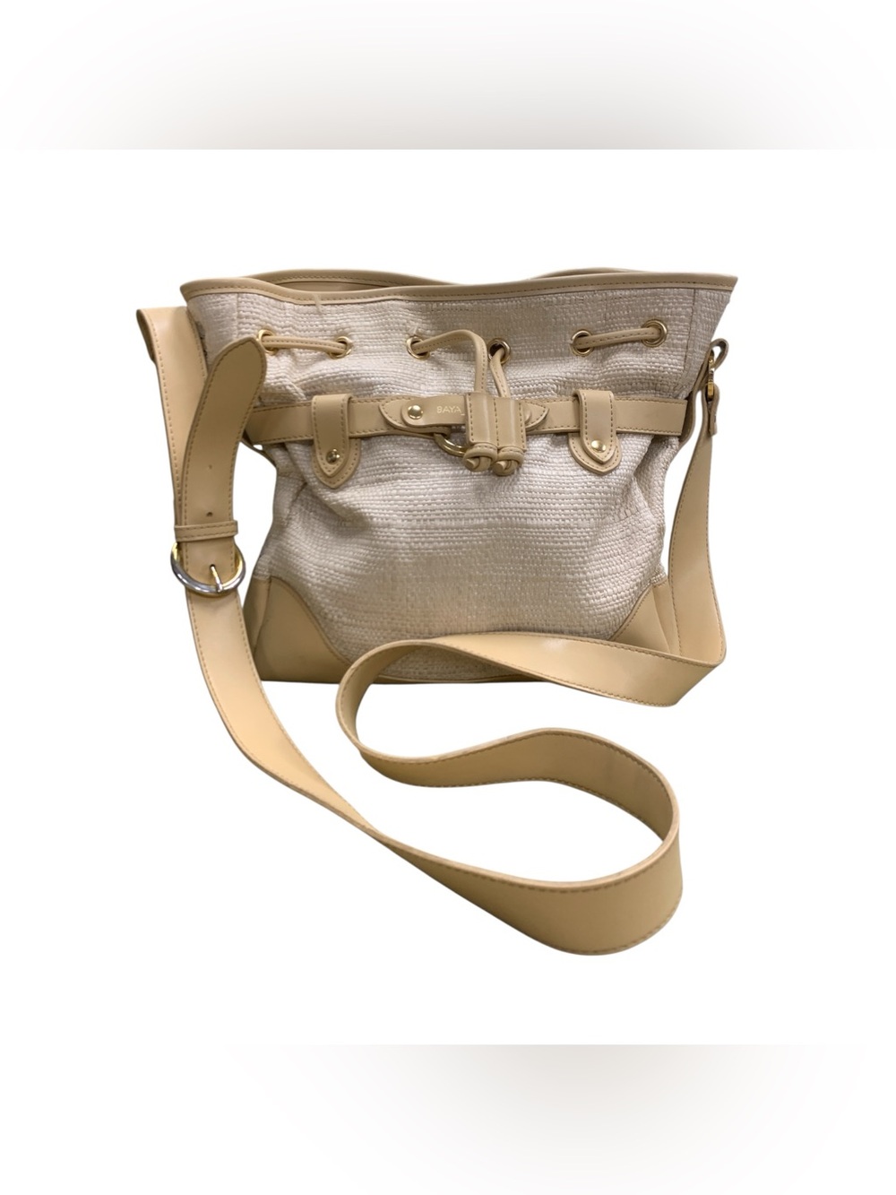 Baya Luna Neutral Canvas & Tan Leather Drawstring Shoulder Bag